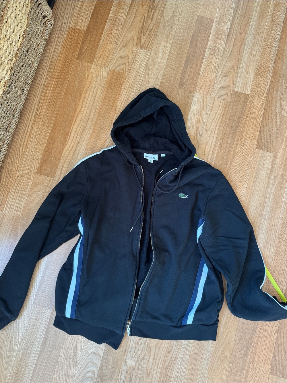 Lacoste Black Hooded Jacket with Blue Stripe Accents, size XL